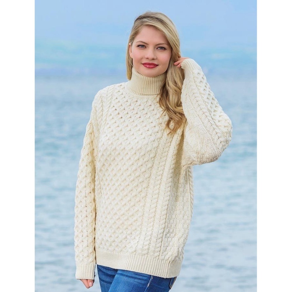 Aran Sweater Market Turtleneck 100% Merino Wool Cream Fisherman Sweater Sz S